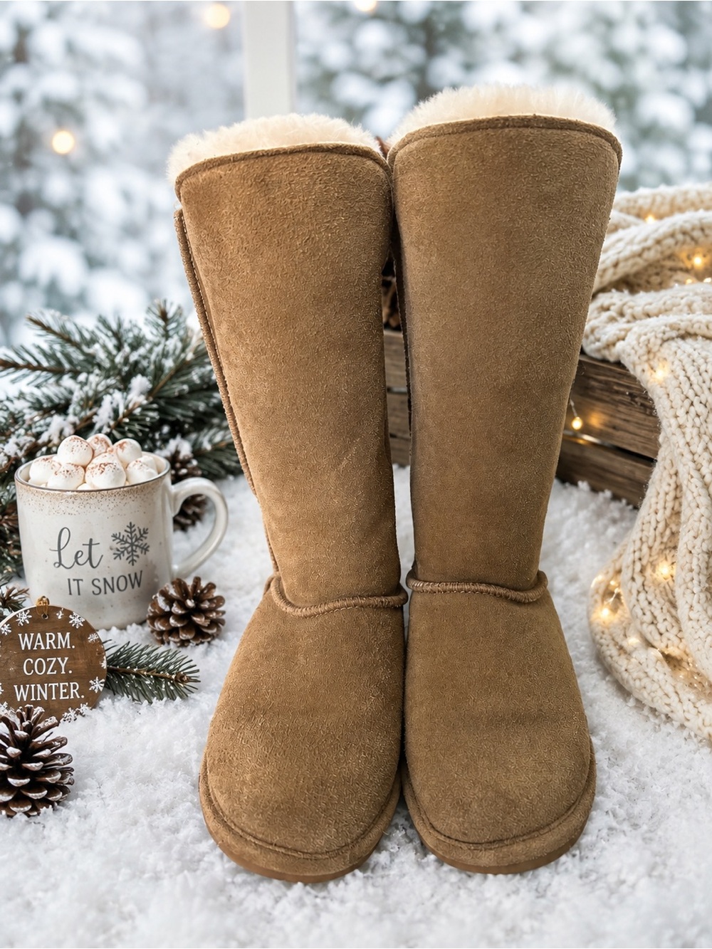 BearPaw Tall Chestnut Suede Winter Boots with Shearling Trim